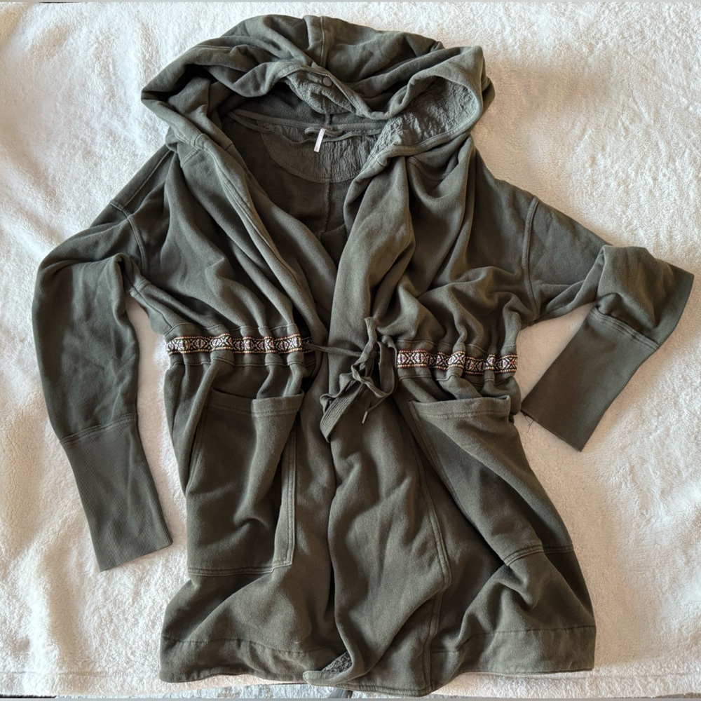 Free People Olive Green Hooded Cardigan Drawstring Waist Sweatshirt